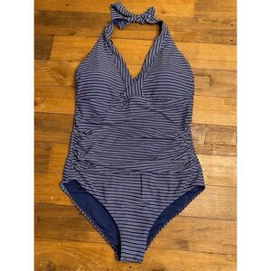 Striped Halter One-Piece Swimsuit - Navy & White